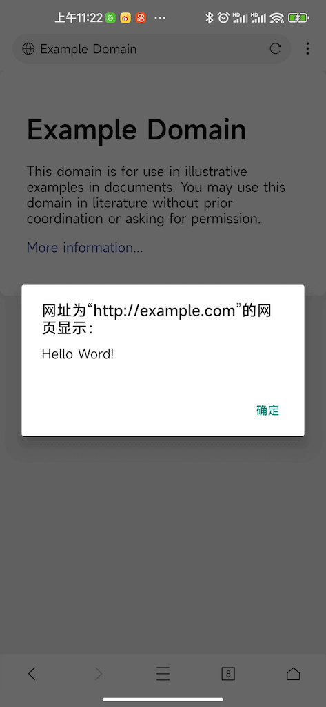 Hello World dialog displayed by Tampermonkey script on example.com